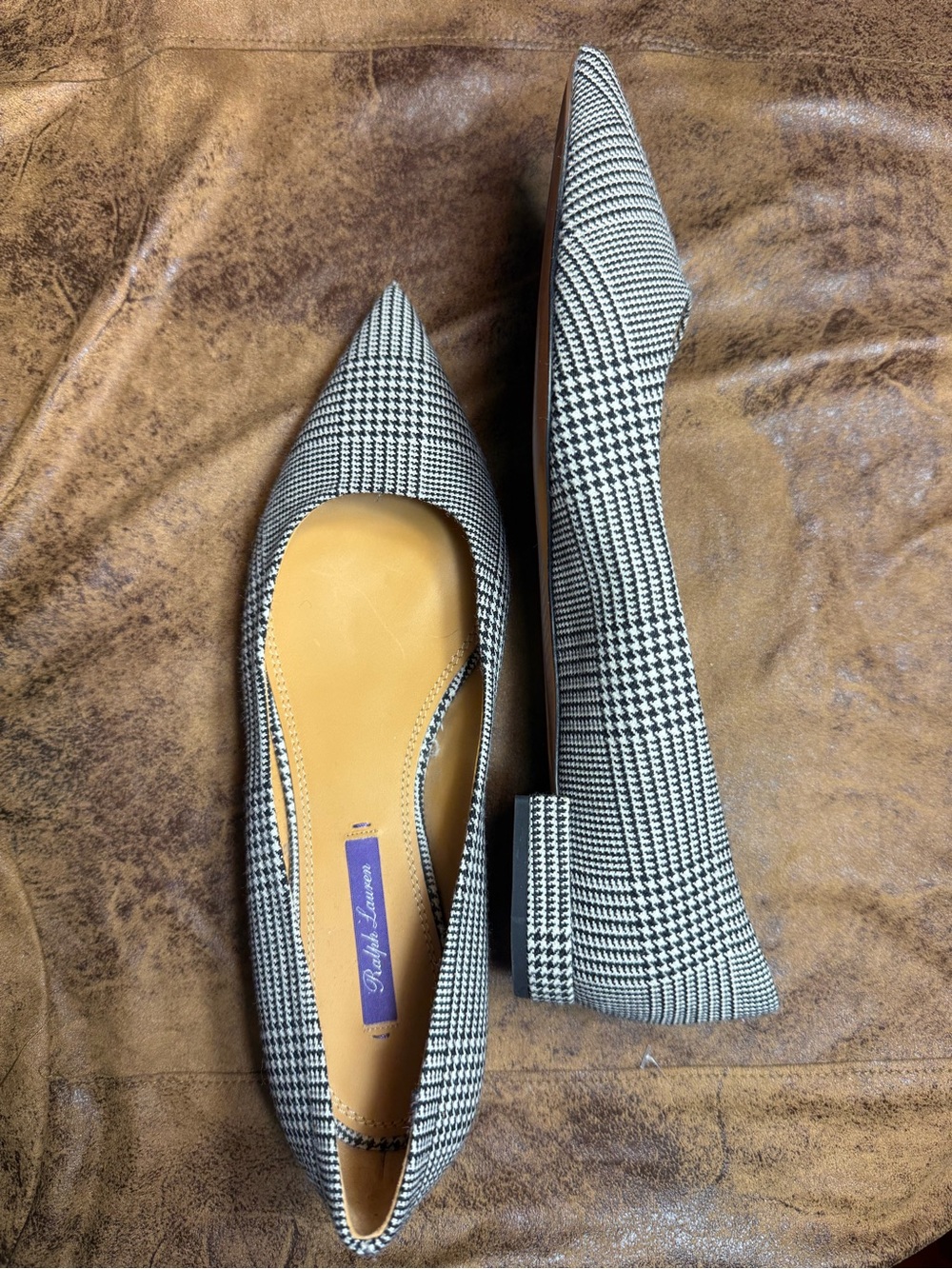 35. Ralph Lauren Black & White Glen Plaid Pointed Toe Flats - Houndstooth